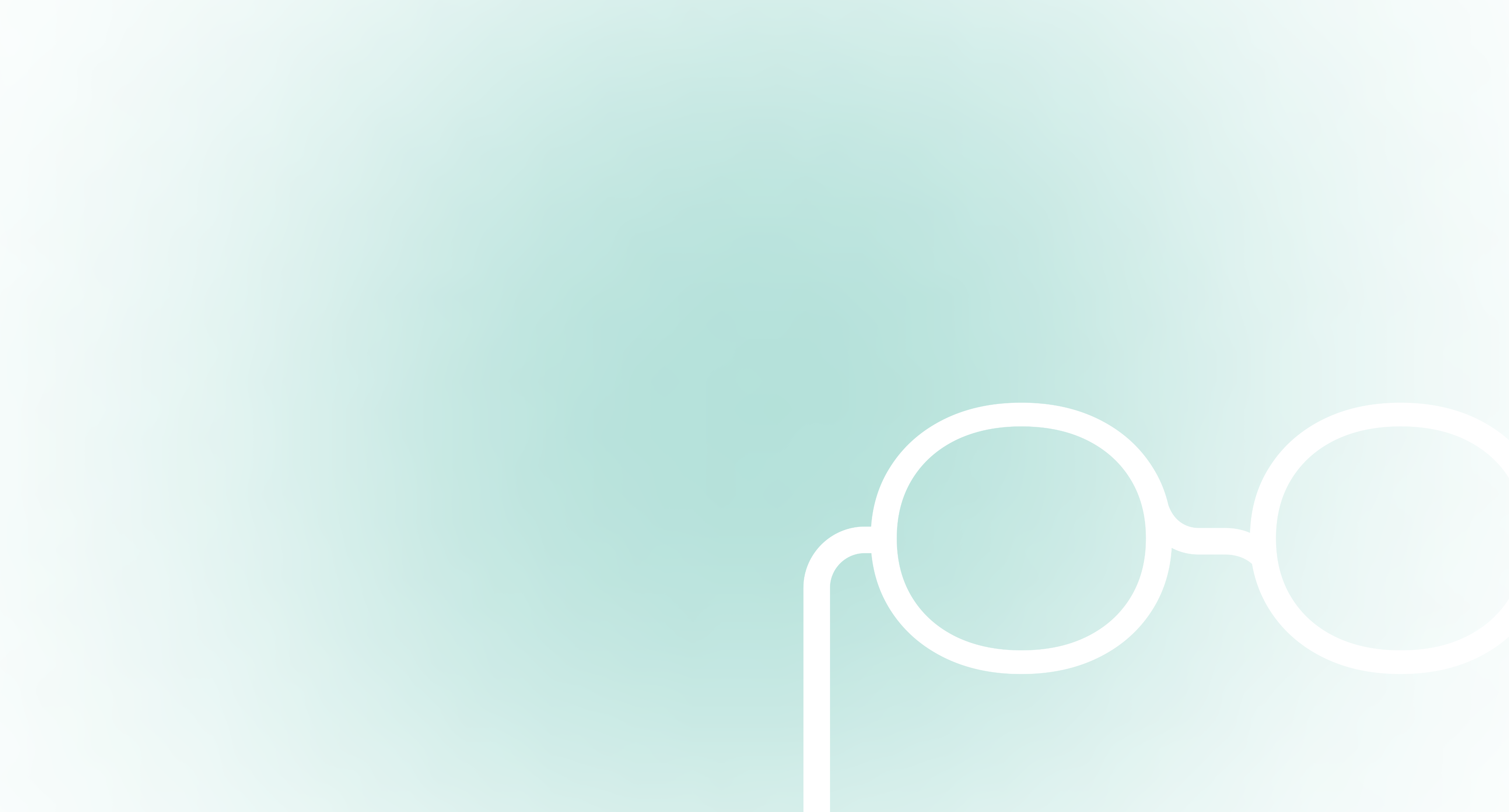 Fundo degradê suave em tons de verde claro e ciano, com uma ilustração sutil e estilizada de óculos no canto inferior direito.